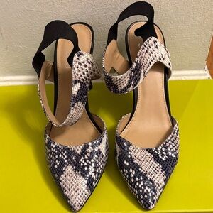 Franco Sarto Black and Cream Snakeskin Heels